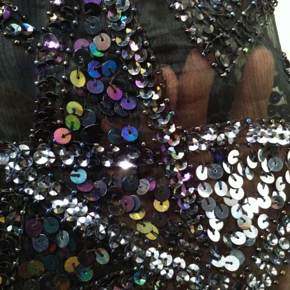 Vintage 80s Silk Sequin Beaded Crew-T Top Lady-M Keyhole SSL Bling Glam Metallic - Picture 7 of 10